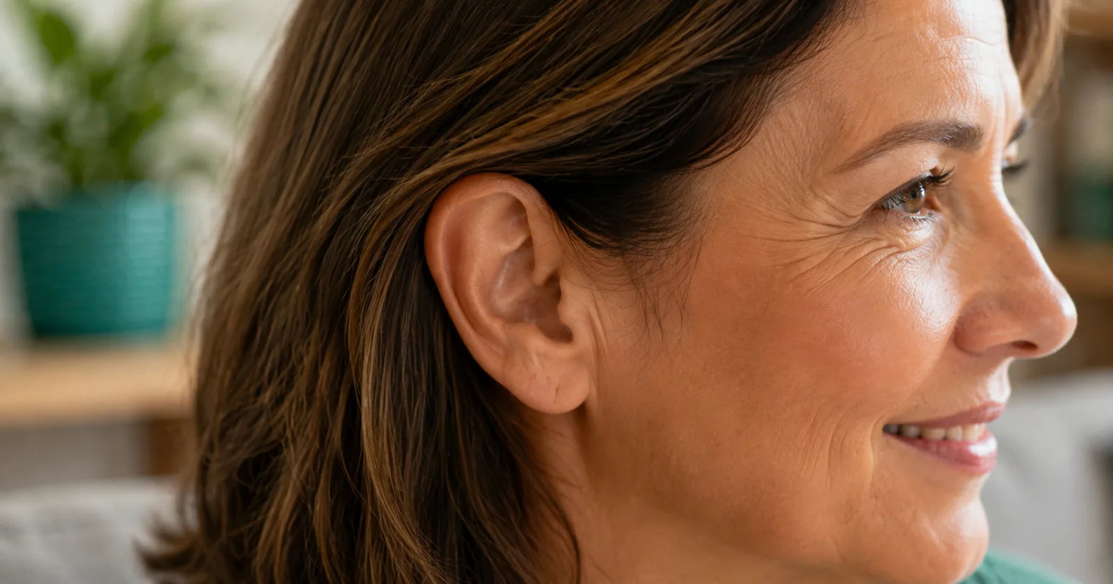 Mulher de perfil com a orelha em destaque, usando aparelho auditivo invisível
