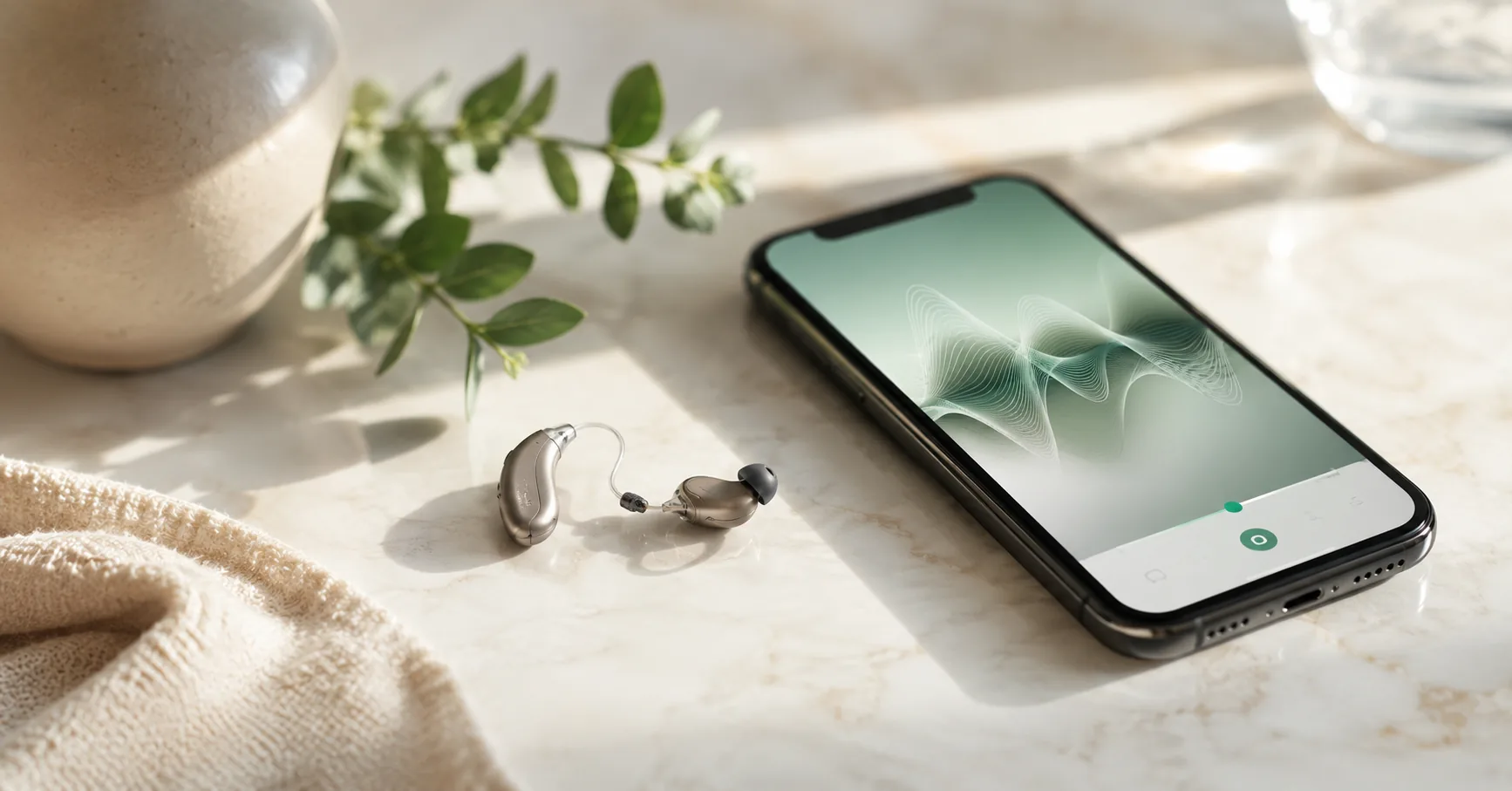 Aparelho auditivo Starkey ao lado de smartphone com app de controle, sobre bancada de mármore